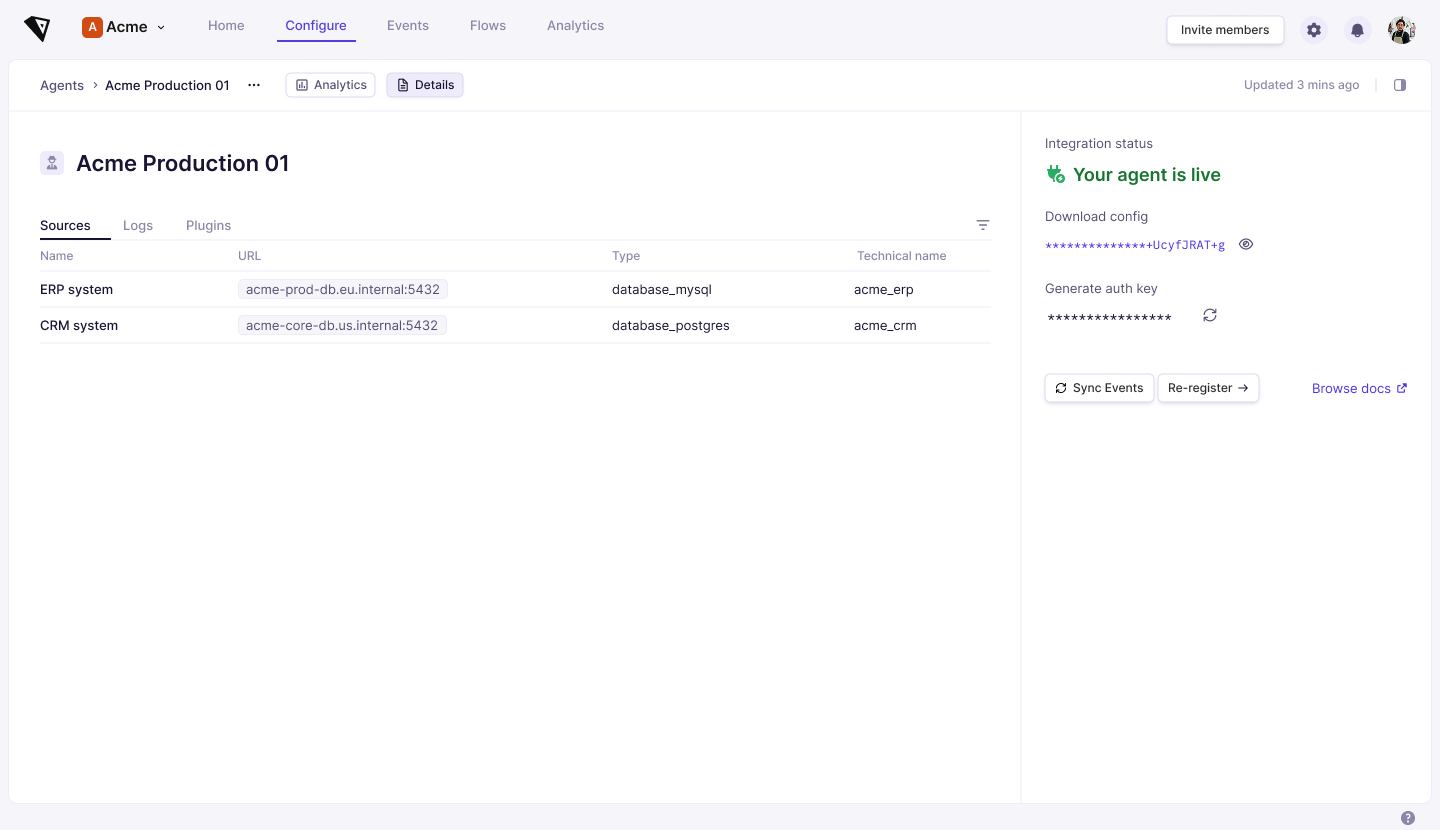 Screenshot: an agent's details screen, showing its Sources, Logs and Plugins tabs, and on the right its integration status ('Your agent is live'), Download config, Generate auth key, and Sync Events and Re-register buttons.