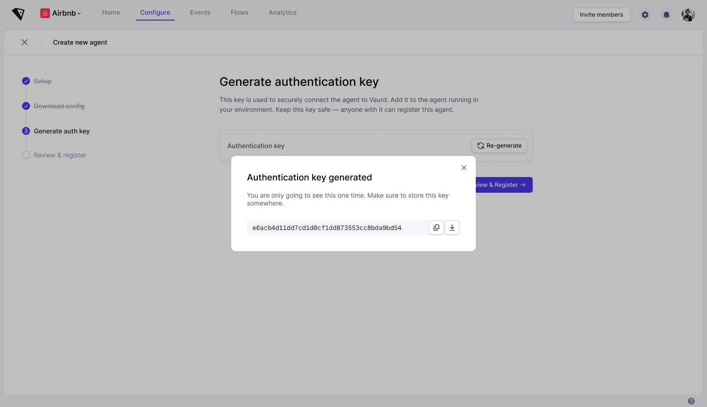 Screenshot: the 'Create new agent' Generate authentication key step, with an 'Authentication key generated' dialog showing the one-time key value and copy/download buttons.