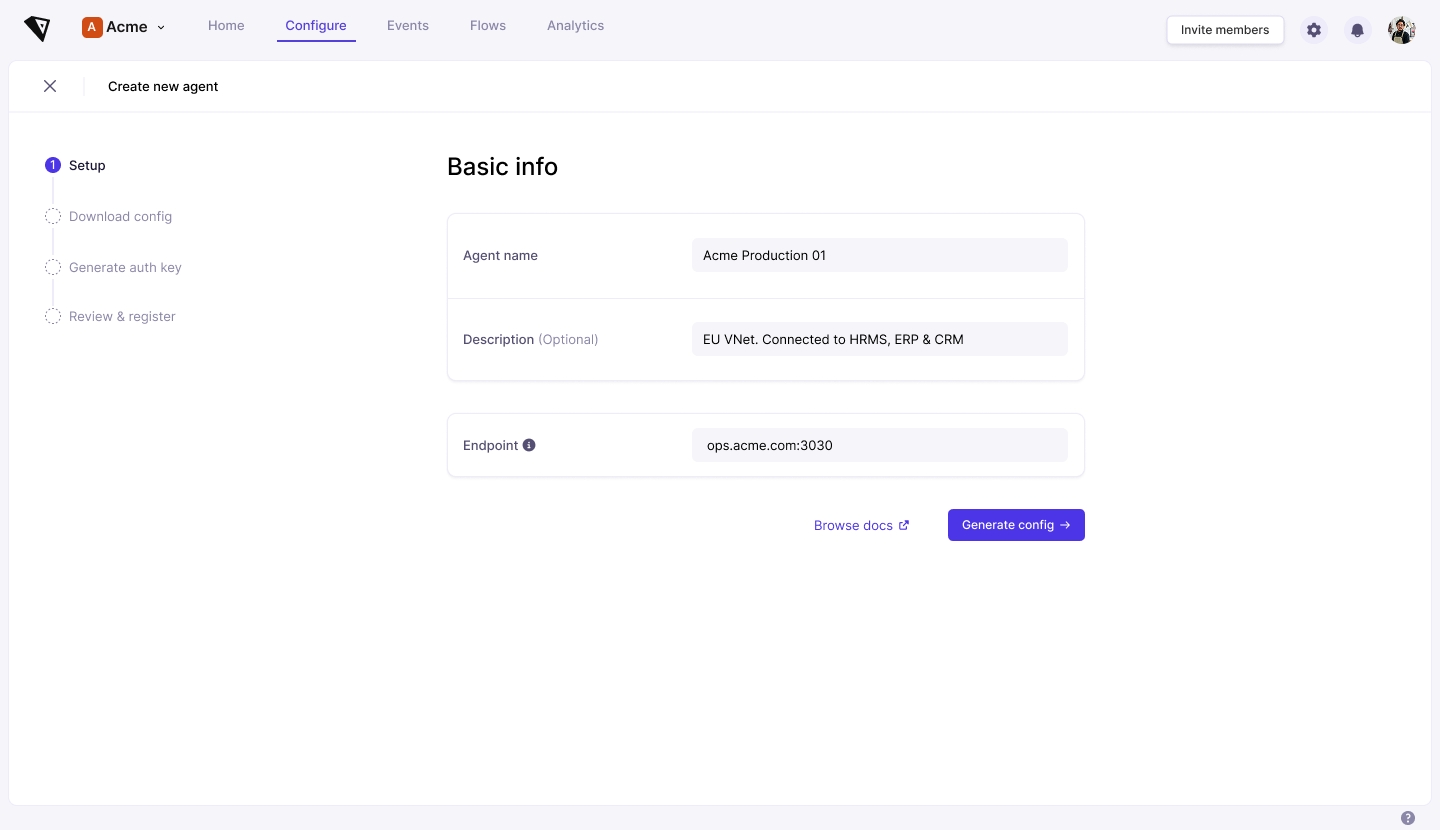 Screenshot: the 'Create new agent' Basic info step, with fields for Agent name, Description and URL (public IP or URL), and a Generate config button to continue.