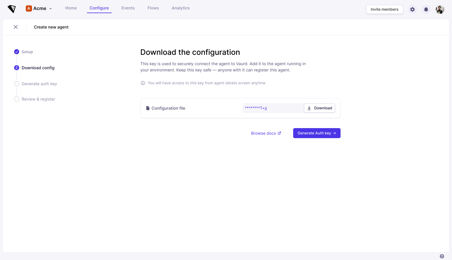 Screenshot: the 'Create new agent' Download the configuration step, showing the configuration file row with its masked key and Download button, and a Generate Auth key button to continue.