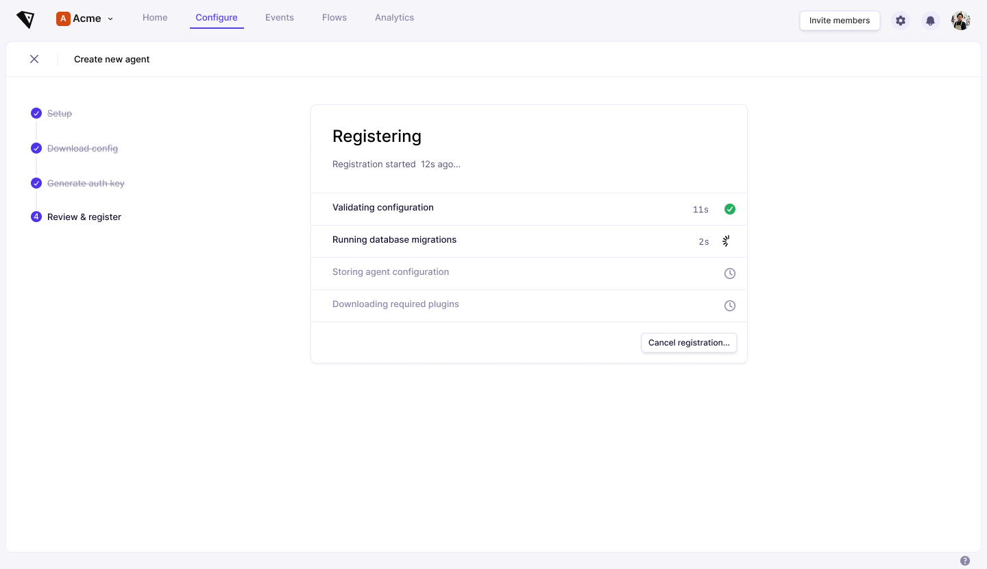 Screenshot: the registration progress view, showing the step-by-step log (Validating configuration, Running database migrations, Storing agent configuration, Downloading required plugins) with per-step timing and status, and a Cancel registration button.