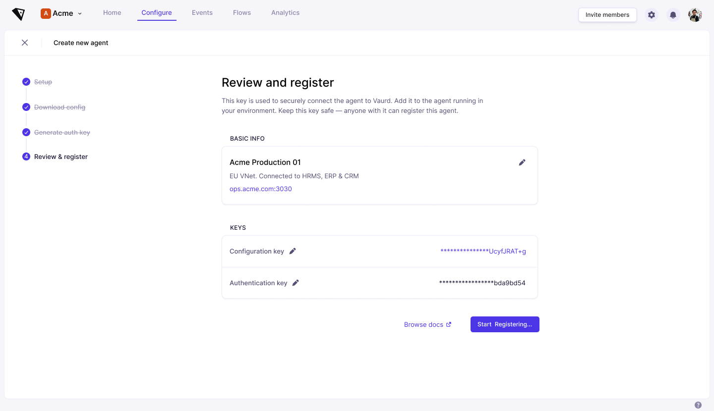 Screenshot: the 'Create new agent' Review and register step, showing Basic info (agent name, description, endpoint) and Keys (Configuration key and Authentication key, both masked, with edit icons), and a Start registration button.