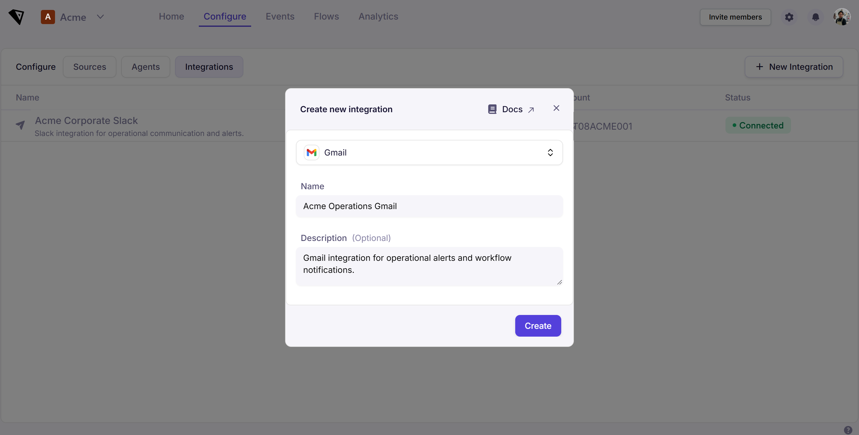 Screenshot: the 'Create new integration' dialog, with Gmail selected as the Integration type, a Name field (Acme Operations Gmail), and an optional Description field describing the integration's purpose.