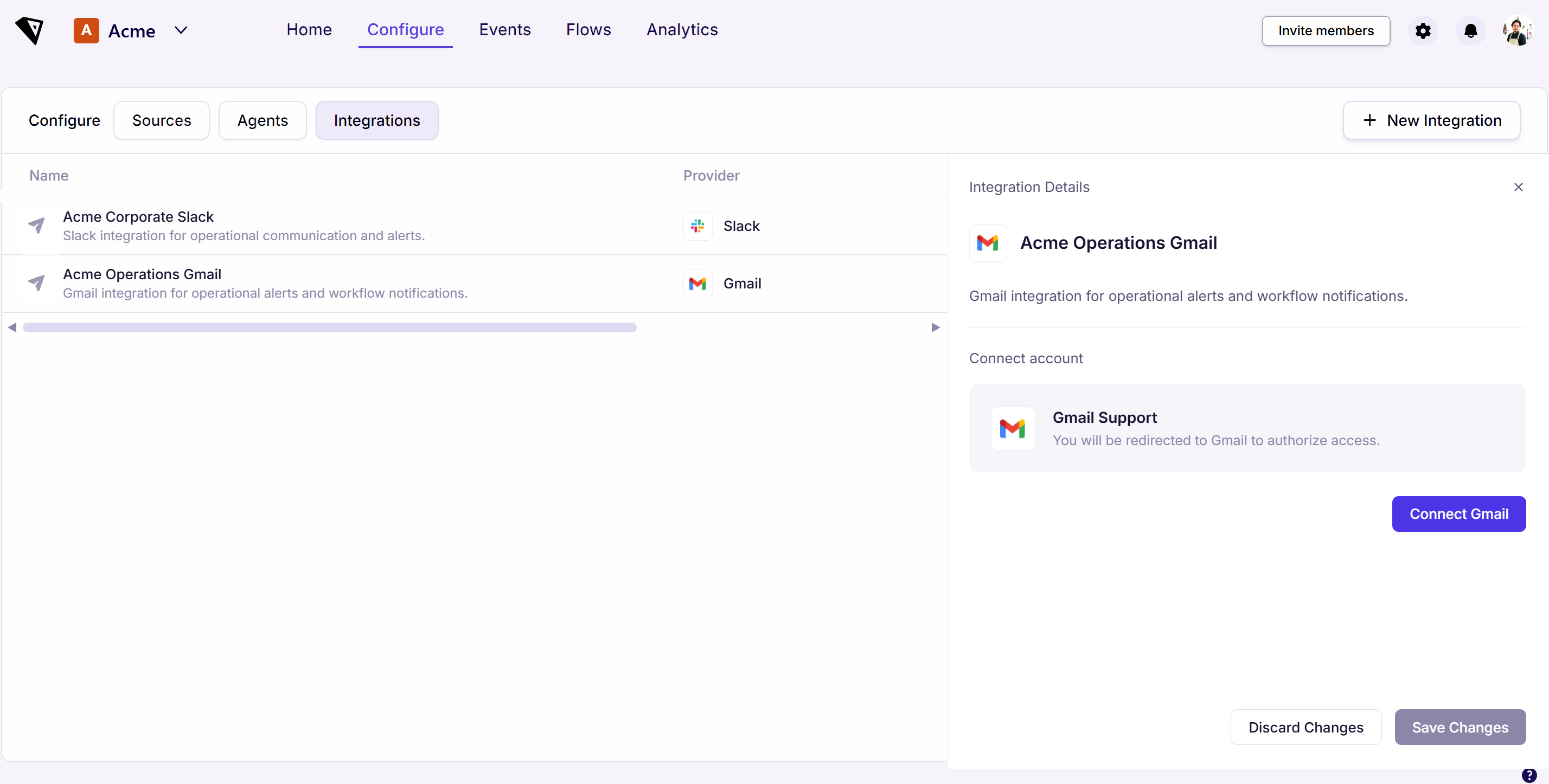 Screenshot: the Integration Details panel for Acme Operations Gmail, showing its description and a Connect account section with the Gmail Support option and a Connect Gmail button.