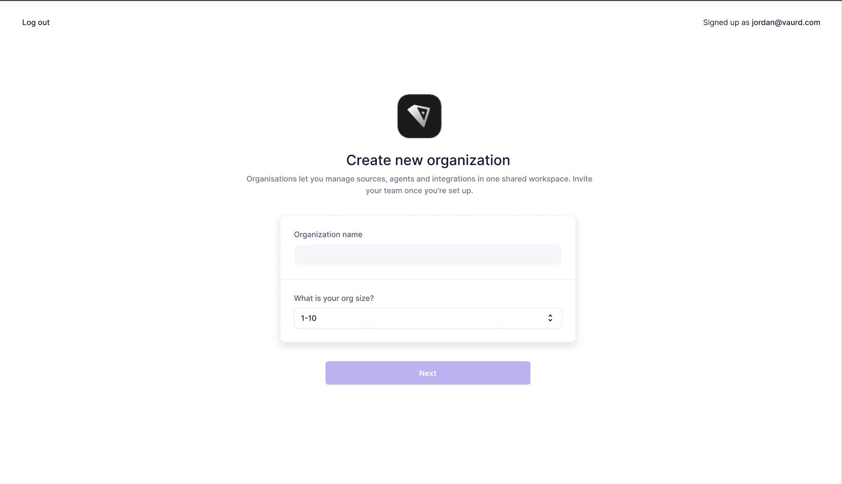 Screenshot: the 'Create new organization' screen, with fields for Organization name and org size (defaulting to 1-10), and a Next button to continue.