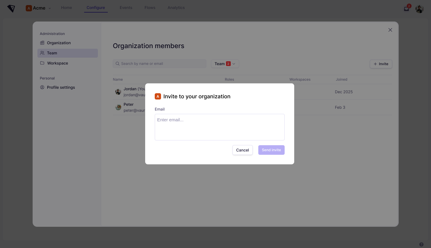 Screenshot: the Organization members screen under Administration → Team, listing current members with their roles, workspaces and join dates. An 'Invite to your organization' dialog is open, with an email field for entering an address and a Send invite button.