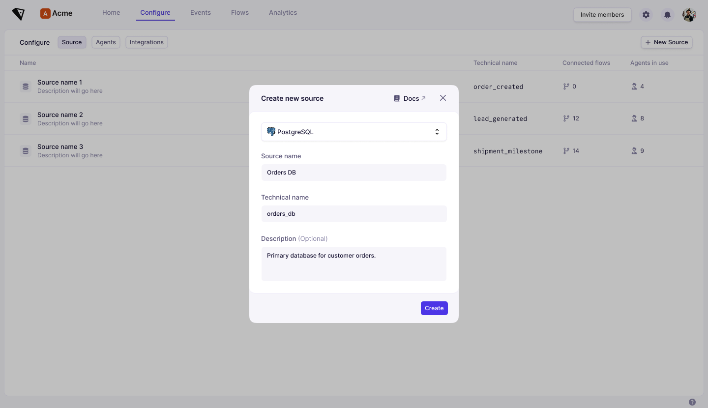 Screenshot: the 'Create new source' dialog, with a PostgreSQL source type selected, Source name (Orders DB), Technical name (orders_db), and an optional Description (Primary database for customer orders).