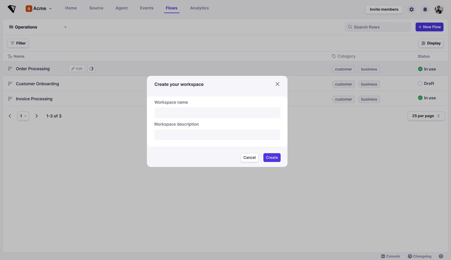 Screenshot: the 'Create your workspace' dialog, with fields for Workspace name and Workspace description