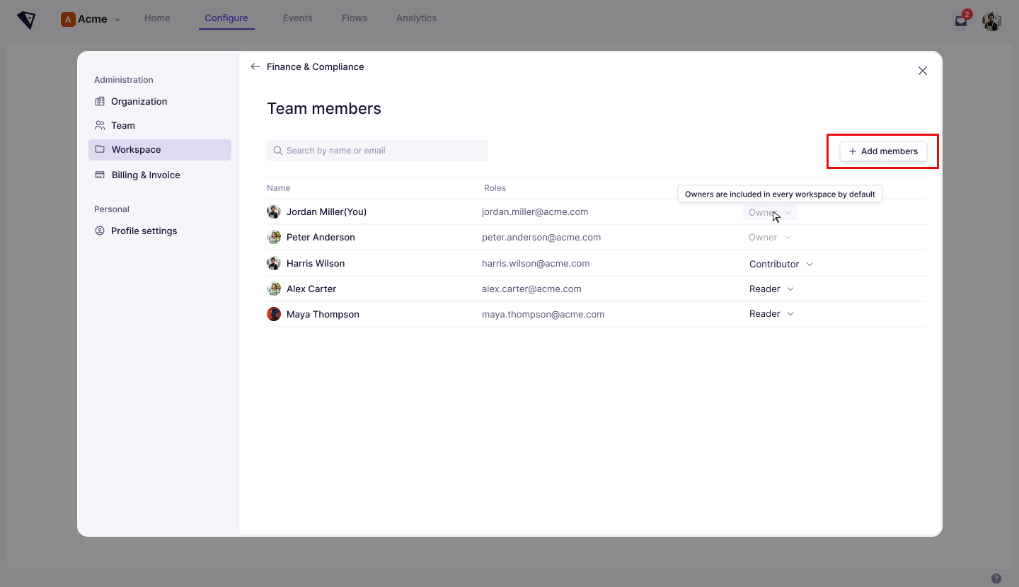 Screenshot: the Team members view of a workspace, showing members with their email and workspace access level, and the Add members button
