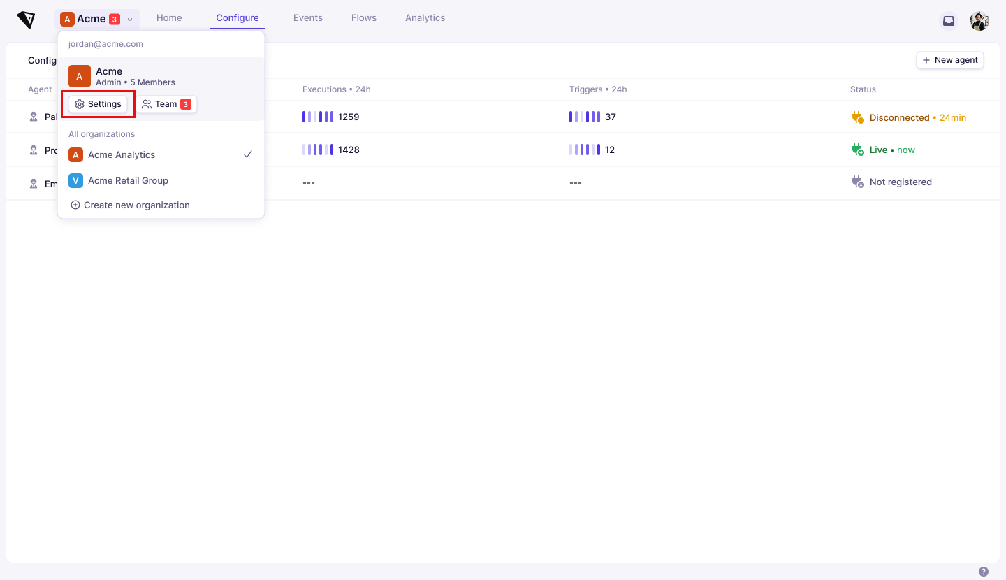 Screenshot: the organization dropdown menu open, showing the account email, the current organization with its role and member count, the Settings and Team buttons, and a list of other organizations — with Settings highlighted