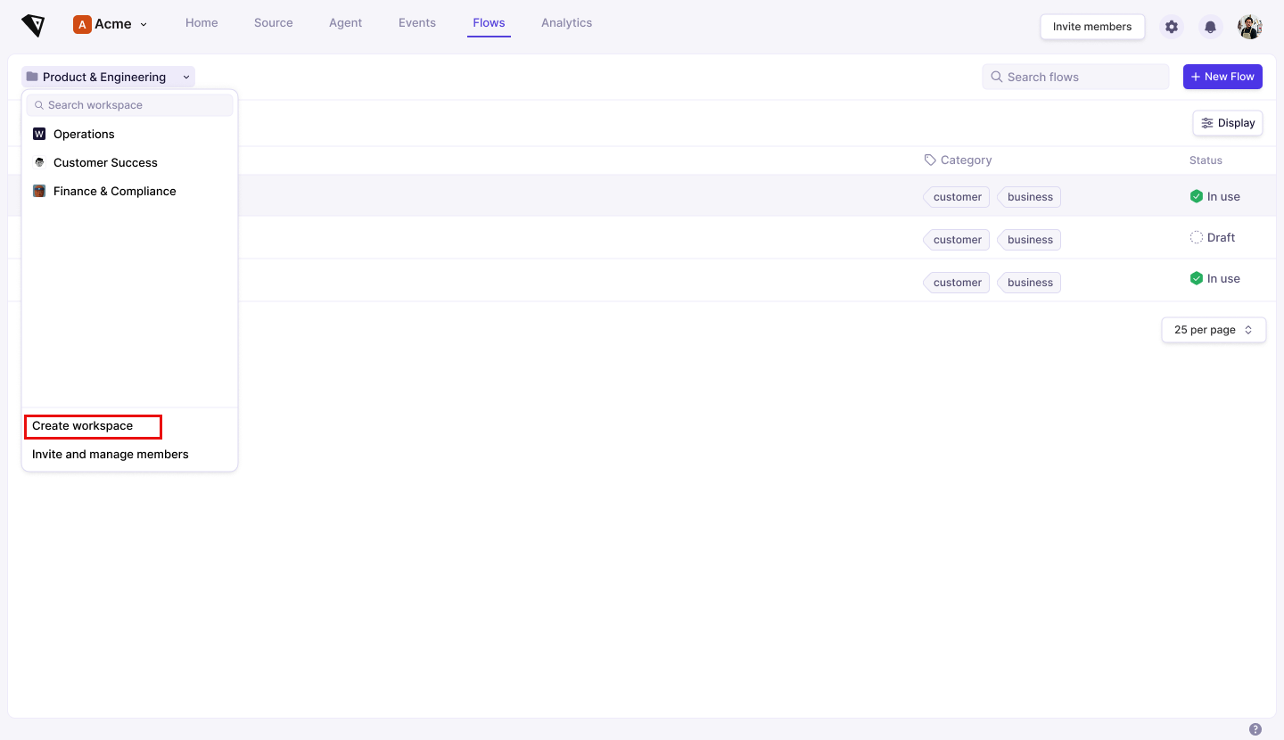 Screenshot: the 'Create new workspace' screen, with fields for Workspace name and Workspace description